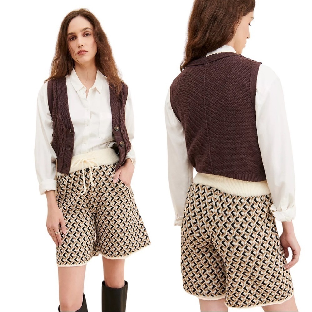 Free People Cream and Brown Knit Patterned Shorts